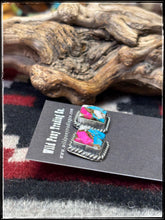 Load image into Gallery viewer, Byron Begay, Navajo silversmith.  Sterling silver and pink  and blue cotton candy composite square studs. 
