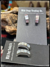 Load image into Gallery viewer, Gilbert Kanestra, Zuni artist.  Sterling silver and shell half hoops.  
