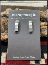 Load image into Gallery viewer, Gilbert Kanestra, Zuni artist.  Sterling silver and shell half hoops.  

