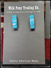 Load image into Gallery viewer, Gilbert Kanestra, Zuni artist.  Sterling silver and turquoise half hoops.  
