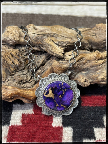 Kee Johnson, Navajo silversmith.  Sterling silver and Purple Haze composite stone necklace.  