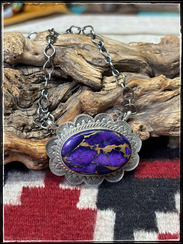 Kee Johnson, Navajo silversmith.  Sterling silver and Purple Haze composite stone necklace.  