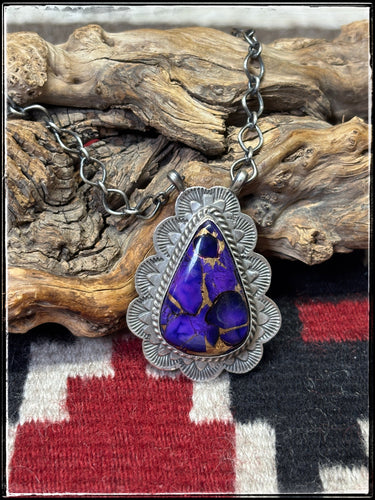 Kee Johnson, Navajo silversmith.  Sterling silver and Purple Haze composite stone necklace.  
