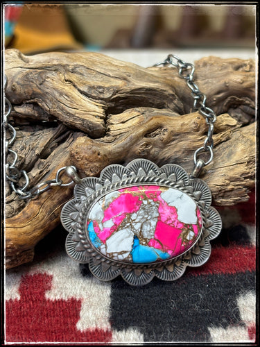 Kee Johnson Vibrant Cotton Candy Round Necklace. Navajo handmade. 
