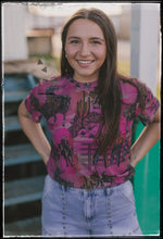 Load image into Gallery viewer, Hot pink, sheer top with a cowboy/western print. Comes with a pink half top cami.
