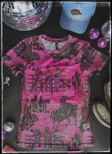 Load image into Gallery viewer, Hot pink, sheer top with a cowboy/western print. Comes with a pink half top cami.
