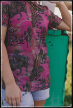 Load image into Gallery viewer, Hot pink, sheer top with a cowboy/western print. Comes with a pink half top cami.
