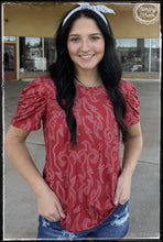 Load image into Gallery viewer, Red, boot stitch top with ruched sleeves from Sterling Kreek Clothing
