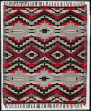 Load image into Gallery viewer, Cotton throw blanket with fringed edges. Bold, aztec print in teals, red, and black. 
