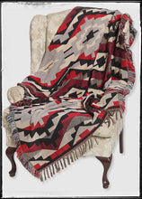 Load image into Gallery viewer, Cotton throw blanket with fringed edges. Bold, aztec print in teals, red, and black. 
