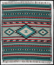 Load image into Gallery viewer, Cotton throw blanket with fringed edges. Bold, aztec print in teals, red, and black. 
