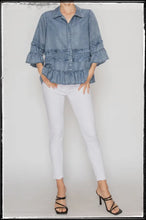 Load image into Gallery viewer, Denim chambray top with 3/4 sleeves and ruffles. 
