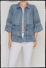 Load image into Gallery viewer, Denim chambray top with 3/4 sleeves and ruffles. 
