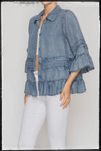 Load image into Gallery viewer, Denim chambray top with 3/4 sleeves and ruffles. 
