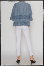Load image into Gallery viewer, Denim chambray top with 3/4 sleeves and ruffles. 
