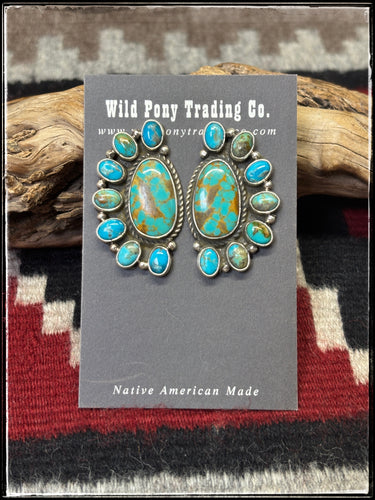 Geraldine James, Navajo silversmith.  Sterling silver and assorted Kingman stones set in a half cluster pattern. Pair A. 