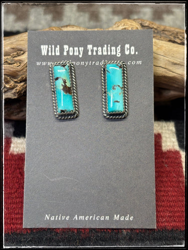 Virginia Becenti, Navajo silversmith.  Sterling silver and kingman turquoise small bar earrings. 