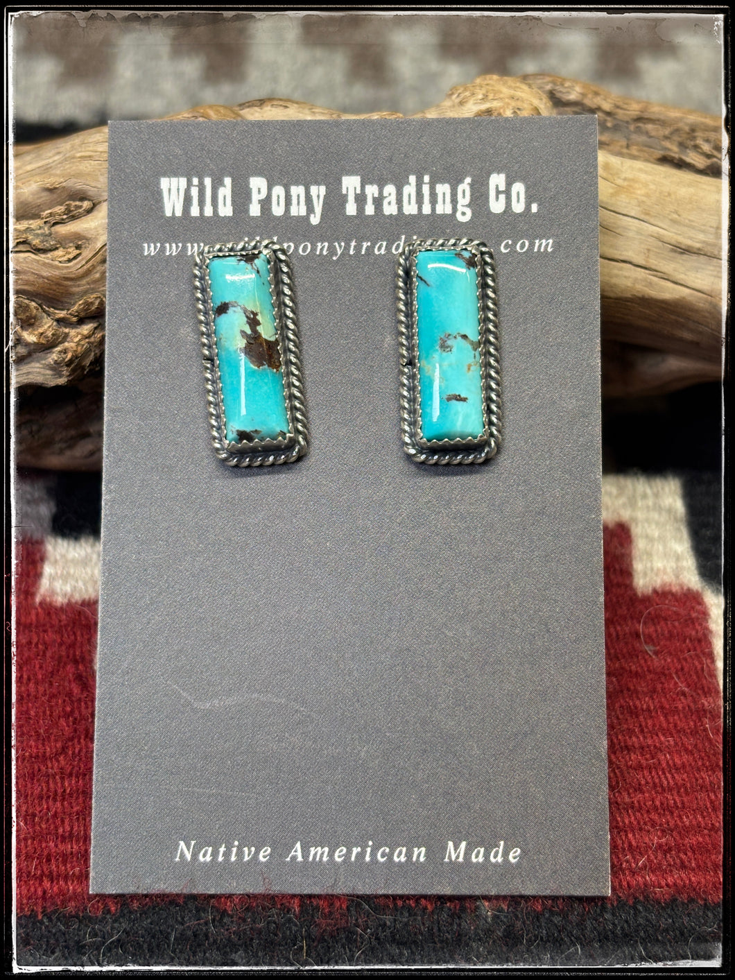 Virginia Becenti, Navajo silversmith.  Sterling silver and kingman turquoise small bar earrings. 
