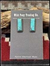 Load image into Gallery viewer, Virginia Becenti, Navajo silversmith.  Sterling silver and kingman turquoise small bar earrings. 
