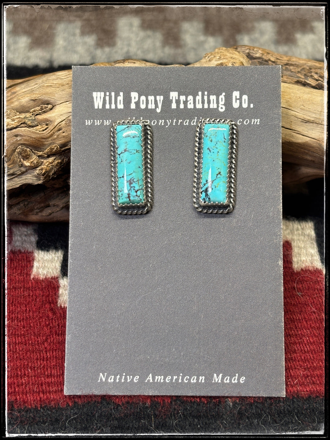 Virginia Becenti, Navajo silversmith.  Sterling silver and kingman turquoise small bar earrings. 