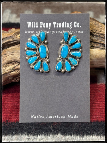 Alicia Wilson, Navajo silversmith.  Sterling silv3r and Kingman turquoise 1/2 cluster stud earrings.  