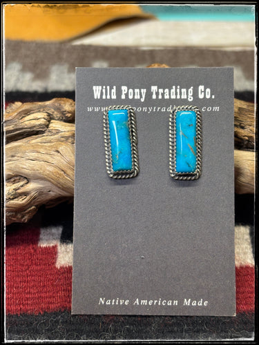 Virginia Becenti, Navajo silversmith.  Sterling silver and Kingman turquoise mini bar earrings. 