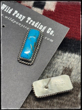 Load image into Gallery viewer, Virginia Becenti, Navajo silversmith.  Sterling silver and Kingman turquoise mini bar earrings. 
