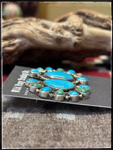 Load image into Gallery viewer, Geraldine James, Navajo silversmith.  Sterling silver and assorted Kingman stones set in a half cluster pattern. 
