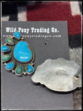 Load image into Gallery viewer, Geraldine James, Navajo silversmith.  Sterling silver and assorted Kingman stones set in a half cluster pattern. 
