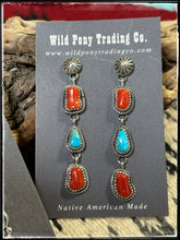 Load image into Gallery viewer, Navajo silversmith Rosella Paxson - sterling silver, coral, and turquoise earrings.
