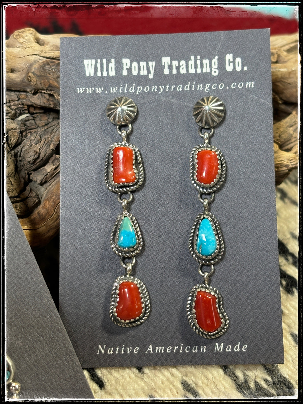 Navajo silversmith Rosella Paxson - sterling silver, coral, and turquoise earrings.