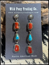 Load image into Gallery viewer, Navajo silversmith Rosella Paxson - sterling silver, coral, and turquoise earrings.
