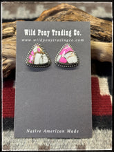 Load image into Gallery viewer, Chassity Belone navajo silversmith.  Sterling silver and cotton candy composite triangular stud earrings. 
