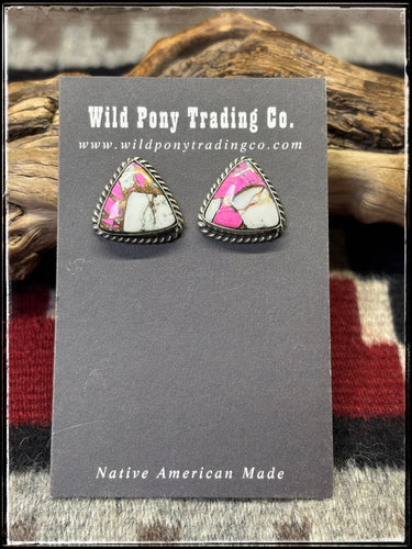 Chassity Belone navajo silversmith.  Sterling silver and cotton candy composite triangular stud earrings. 