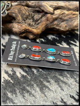 Load image into Gallery viewer, Navajo silversmith Rosella Paxson - sterling silver, coral, and turquoise earrings.
