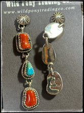 Load image into Gallery viewer, Navajo silversmith Rosella Paxson - sterling silver, coral, and turquoise earrings. - RP hallmark stamp. 
