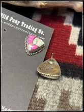 Load image into Gallery viewer, Chassity Belone navajo silversmith.  Sterling silver and cotton candy composite triangular stud earrings. 
