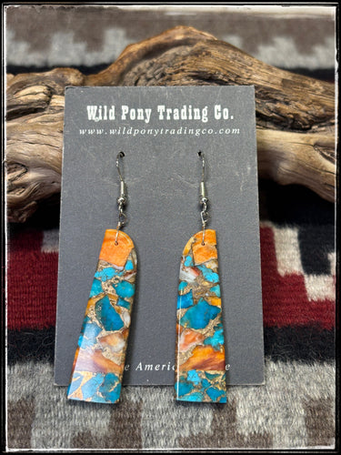Jameson Pete, Navajo silversmith.  Sterling silver findings, Orange Krush composite stone slab earrings. 