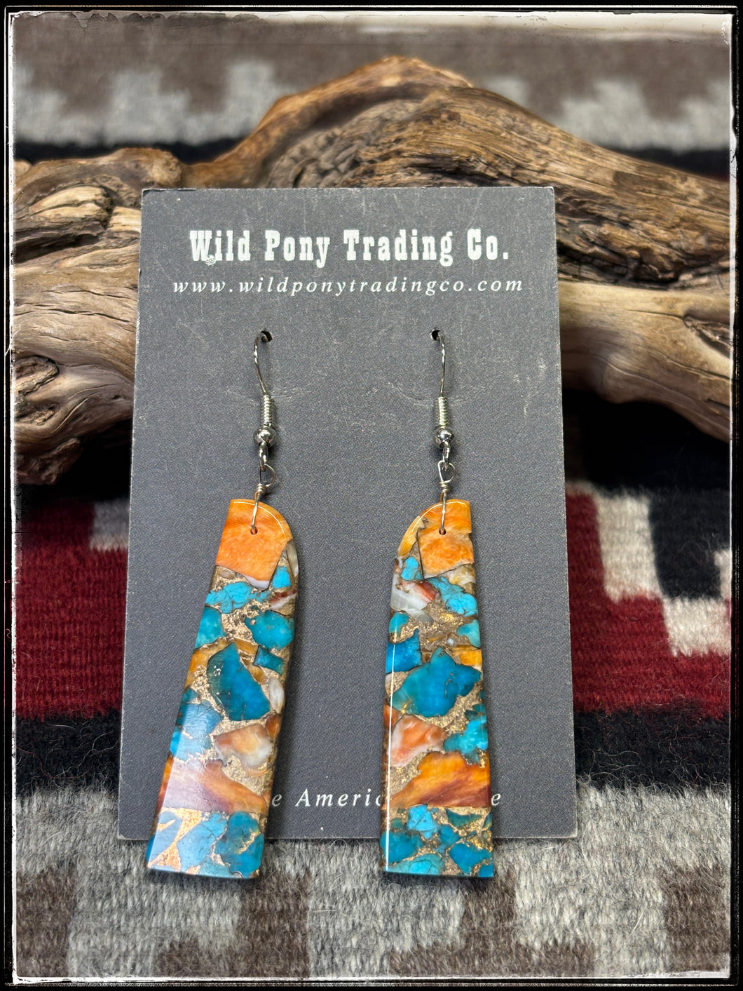 Jameson Pete, Navajo silversmith.  Sterling silver findings, Orange Krush composite stone slab earrings. 