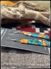 Load image into Gallery viewer, Jameson Pete, Navajo silversmith.  Sterling silver findings, Orange Krush composite stone slab earrings. 
