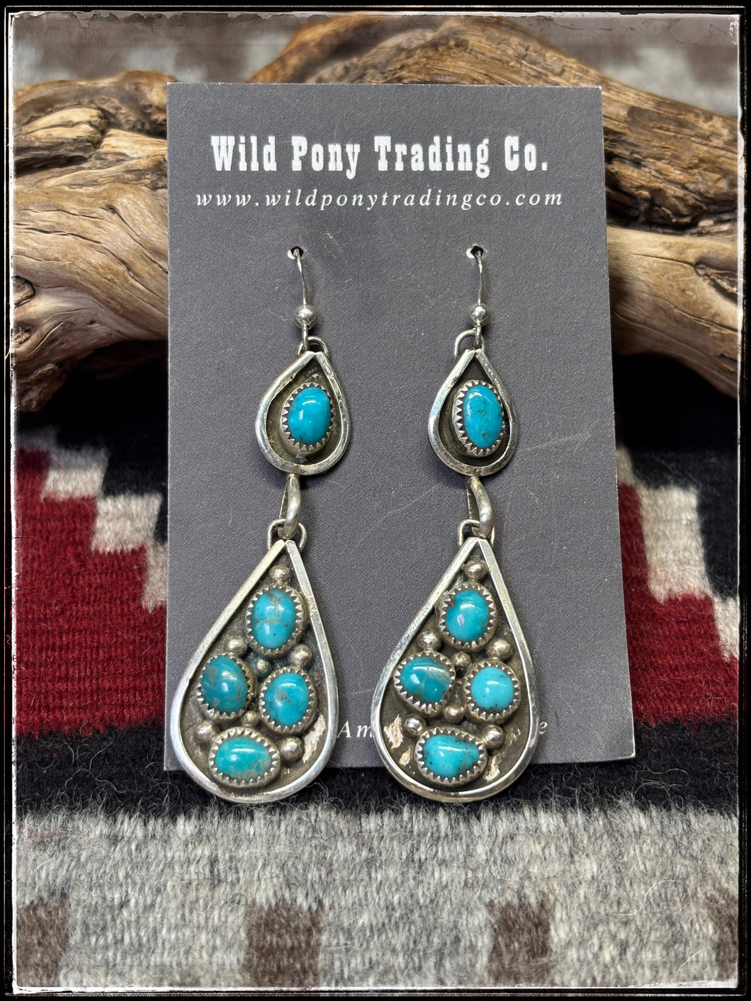 Priscilla Reeder, Navajo silversmith.  Sterling silver and turquoise double drop earrings. 