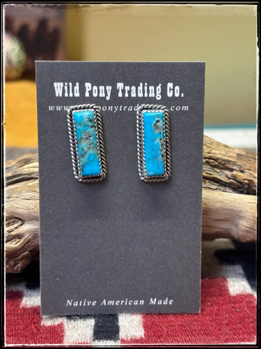 Virginia Becenti, Navajo silversmith.  Sterling silver and kingman turquoise small bar earrings. 