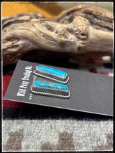Load image into Gallery viewer,  Virginia Becenti, Navajo silversmith.  Sterling silver and kingman turquoise small bar earrings. 
