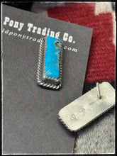 Load image into Gallery viewer, Virginia Becenti, Navajo silversmith.  Sterling silver and kingman turquoise small bar earrings. 
