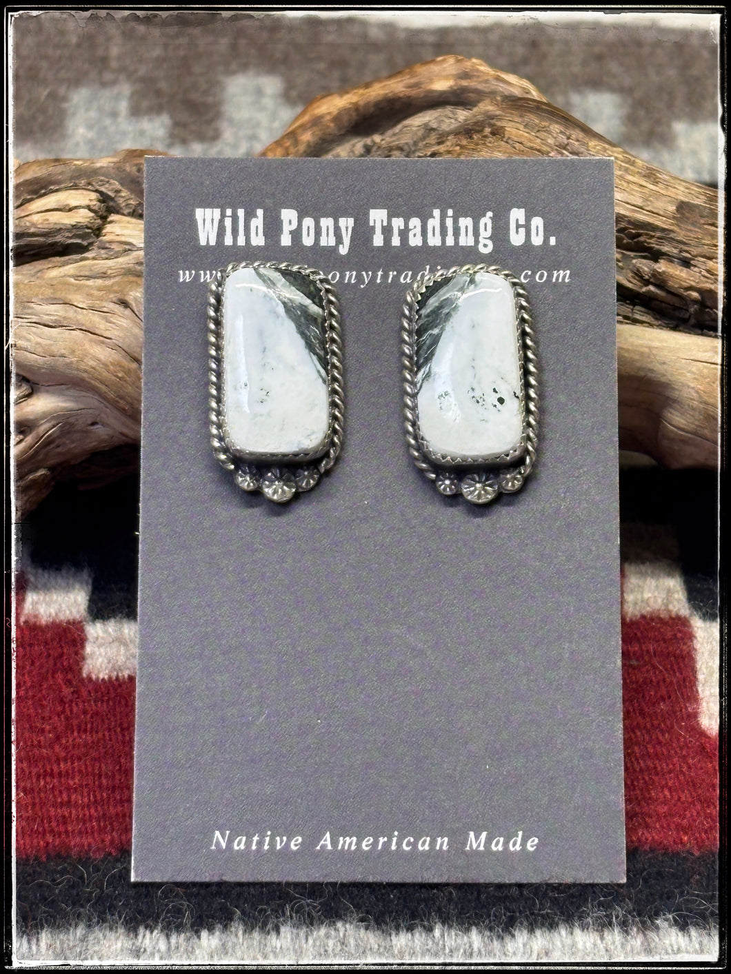 Virginia Becenti, Navajo silversmith.  Sterling silver and white buffalo, rectangular shaped stud earrings. 
