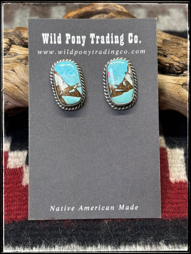 Chassity Belone, Navajo silversmith.  Sterling silver and cotton candy composite stone stud earrings.  