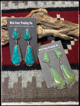 Load image into Gallery viewer, Judith Dixon, Navajo silversmith.  Sterling silver and kingman turquoise. large double drop earrings.  
