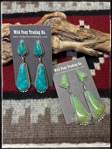 Judith Dixon, Navajo silversmith.  Sterling silver and kingman turquoise. large double drop earrings.  