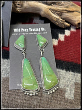 Load image into Gallery viewer, Judith Dixon, Navajo silversmith.  Sterling silver and kingman turquoise. large double drop earrings.   Olive green. 
