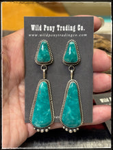 Load image into Gallery viewer, Judith Dixon, Navajo silversmith.  Sterling silver and kingman turquoise. large double drop earrings.  
